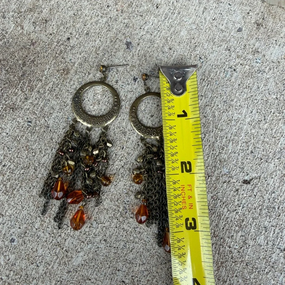 Boho Amber Chandelier Earrings‎ Antique Gold Tone Filigree Dangle Beade